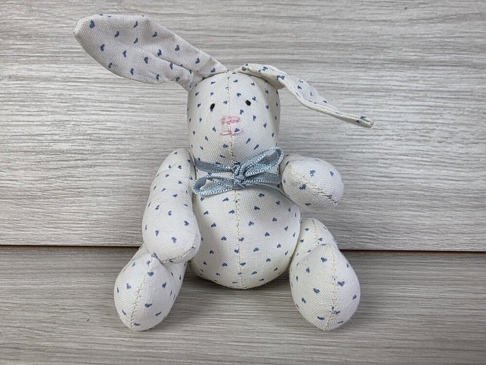 Handmade White Fabric Bunny Plush w Blue Heart Print 7" Country Farmhouse SU23
